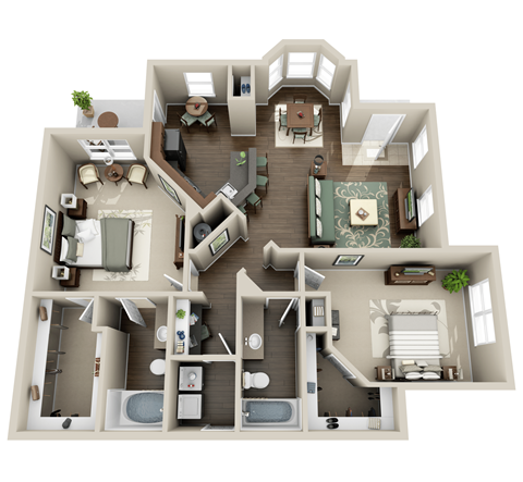 Floor plan for 2 beds, 2 baths, 1323 sqft